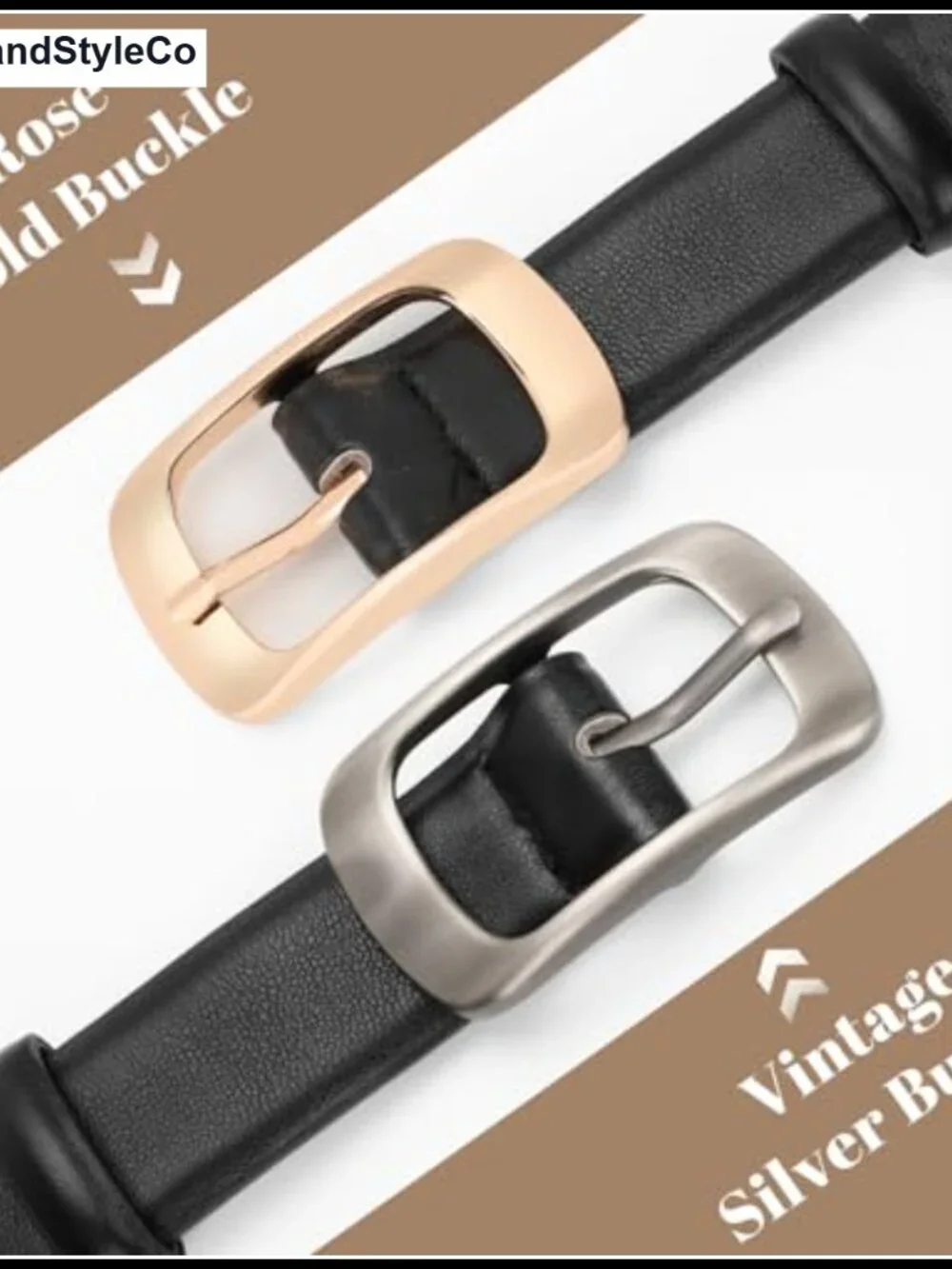 Women's Faux Leather Belt with Gold/Silver Buckle for Jeans & Pants